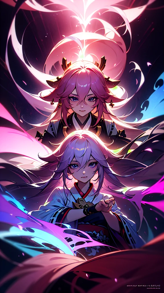 a beautiful detailed anime girl, yae miko, long silver hair, elegant purple kimono, exquisite facial features, mesmerizing eyes, graceful pose, magical glowing fox spirits, vibrant colors, cinematic lighting, digital painting, concept art style, 8k, highest quality, extremely detailed, photorealistic