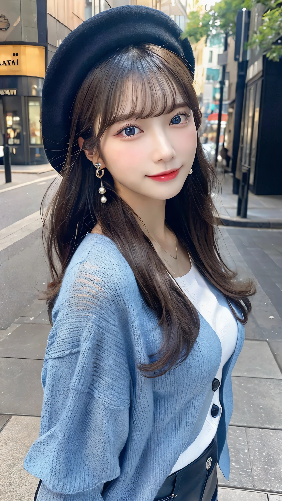 （３２hair,High resolution,High detail,High resolution,high density,alone,In addition：1.3）,（A realistic person々,Live Action,fine grain,High resolutionの目,Beautiful Eyes,Eyes that look alive,Beautiful dark blue eyes,Fishing eyes,Detailed lips,Translucent white skin,Realistic face in every detail：1.3）,（Japanese Ido,hairorean Idols,Japanese Model,hairorean models,hairorean hair-Pop Female Idols：1.2）,（Blushing,Natural Makeup,necklace,Earrings,へそEarrings：1.4）（Shorts、Oversized mesh cardigan、Leather boots,hairnitted hats,Mode Style, Beautiful casual look：1.6）,（Shapely breasts：1.5）,（Young but very beautiful hairorean１6 years old ,Cool eyes,Laugh a little,turn around,looked back,Looking into the camera,Fashion Leader,Fashion Model,Soft Skin,Unforgettable Eyes,Her eyes are so beautiful,I want to go to the Paris Collection.........,Cutting-edge fashion：1.6、Eyeball color: blue、Face close-up、A big smile
