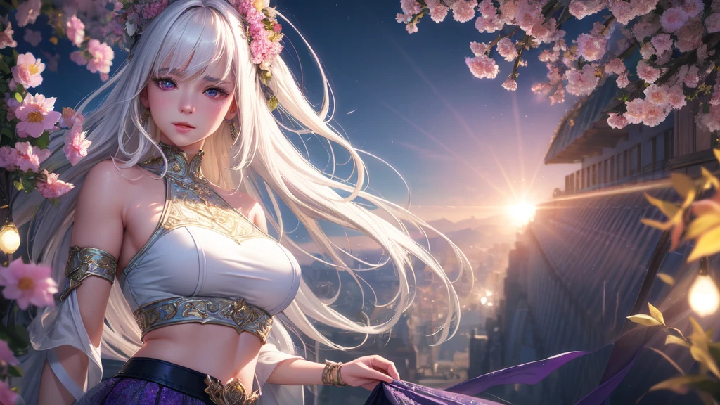 realistic, 1girl, white hair, purple eyes, glowing eyes, crop top, skirt, parted lips, blush, night, flowers, sun, sunlight, hyper-detailed, high quality, 8k, photorealistic, professional digital painting, dramatic lighting, vibrant colors, intricate details, beautiful face, elegant pose, serene atmosphere, natural environment, warm sunlight, ethereal, dreamy