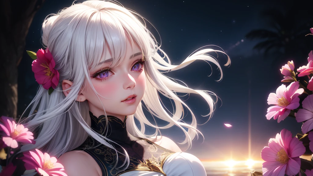 realistic, 1girl, white hair, purple eyes, glowing eyes, crop top, skirt, parted lips, blush, night, flowers, sun, sunlight, hyper-detailed, high quality, 8k, photorealistic, professional digital painting, dramatic lighting, vibrant colors, intricate details, beautiful face, elegant pose, serene atmosphere, natural environment, warm sunlight, ethereal, dreamy
