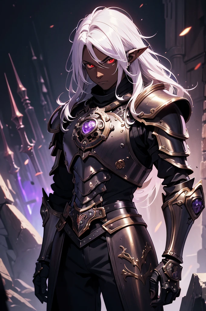 masterpiece, best quality, ultra high res, dark theme, 1boy, (dungeonpunk armor), (mechanical steampunk armor), (wearing armor)fantasy illustration, dark skinned, human, upper body, portrait, red eyes, long white hair, half-drow, pointy ears, serious face, young man, dramatic lighting, purple hue, art by Kinema Citrus