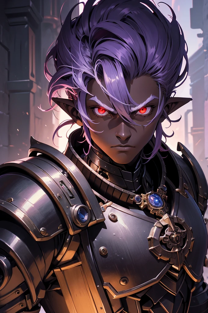 masterpiece, best quality, ultra high res, dark theme, 1boy, (dungeonpunk armor), (mechanical steampunk armor), (wearing armor)fantasy illustration, dark skinned, human, upper body, portrait, red eyes, long white hair, half-drow, pointy ears, serious face, young man, dramatic lighting, purple hue, art by Kinema Citrus