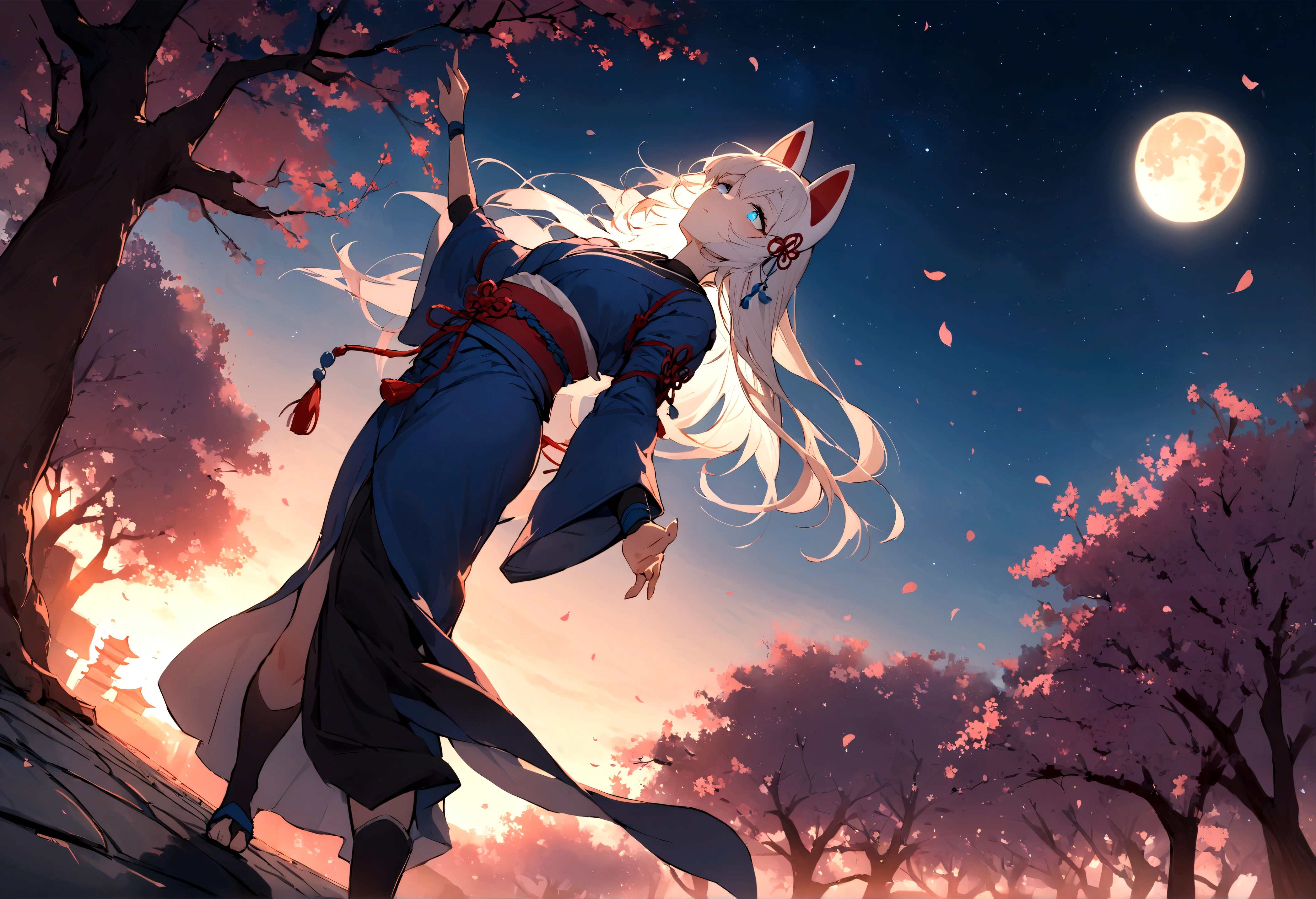 (masterpiece, best quality:1.2), 1girl, 独奏,Wolf girl, fox mask, ninja, girl, long white hair, odd eyes, blue kimono, ninja girl, red and blue scarf,Dancing Cherry Blossoms,Full moon backlighting, light coming in, fantastic atmosphere.night、Shadows of light and darkness、Eyes glowing in the dark、Black fox mask、Fisheye Lens、Expansive starry sky、long hair that spreads、Looking up from afar、Overlooking the city from atop a large cherry tree、