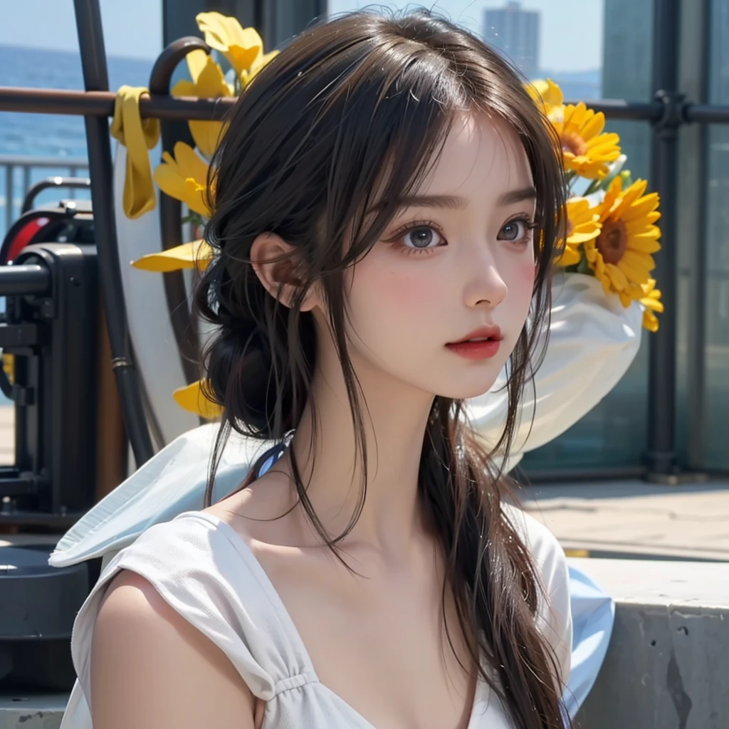 One Girl,(1人のとてもcute女の子:1.3),masterpiece,Highest quality,High resolution,Photorealistic,RAW Photos,Ray Tracing,beautiful girl,(:1.3),cute,Big eyes,(detailed pupils:1.2),(The face is facing straight ahead:1.3),Body facing forward,Beautiful nose,Fuller lips,Short black hair,ponytail,short hair,Detailed eyelashes,Thin eyebrows,Very fine grain definition,(Symmetrical eyes:1.3),(Face close-up,Face Focus:1.0),Small breasts,White swimsuit,White Bikini,The background is the sea,Southern Island,Blue sky,White cloud,Portrait,View Viewer,Upper Body,Cinema Lighting,High resolution,Very detailed