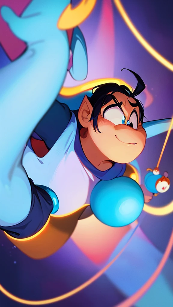 Close up of a cartoon character with a lamp on a string, blue, Iconic Characters, Aladdin, spirit, he has bouncy belly, Disney Characters, Disney Characters style, Lamp Majin