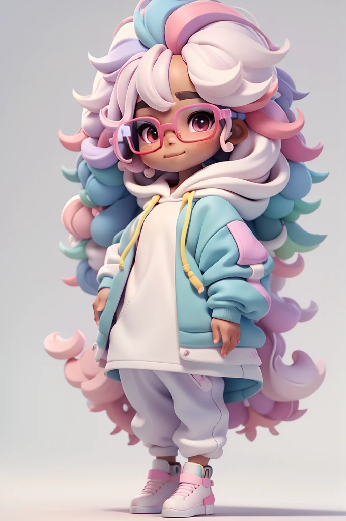 Multicolored black , fly away, romantic nerd style, delicate and elegant glasses, sweatshirt, hooded cloak, t - shirt, Pants, tons pastel multicolor, sweet and delicate smile, fully body, delicate eyes and multicolored afro tied hair, simple white background
