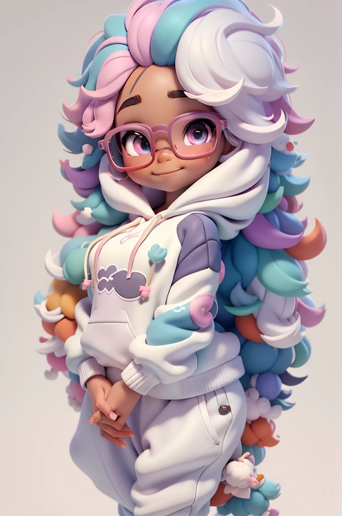 Multicolored black , fly away, romantic nerd style, delicate and elegant glasses, sweatshirt, hooded cloak, t - shirt, Pants, tons pastel multicolor, sweet and delicate smile, fully body, delicate eyes and multicolored afro tied hair, simple white background