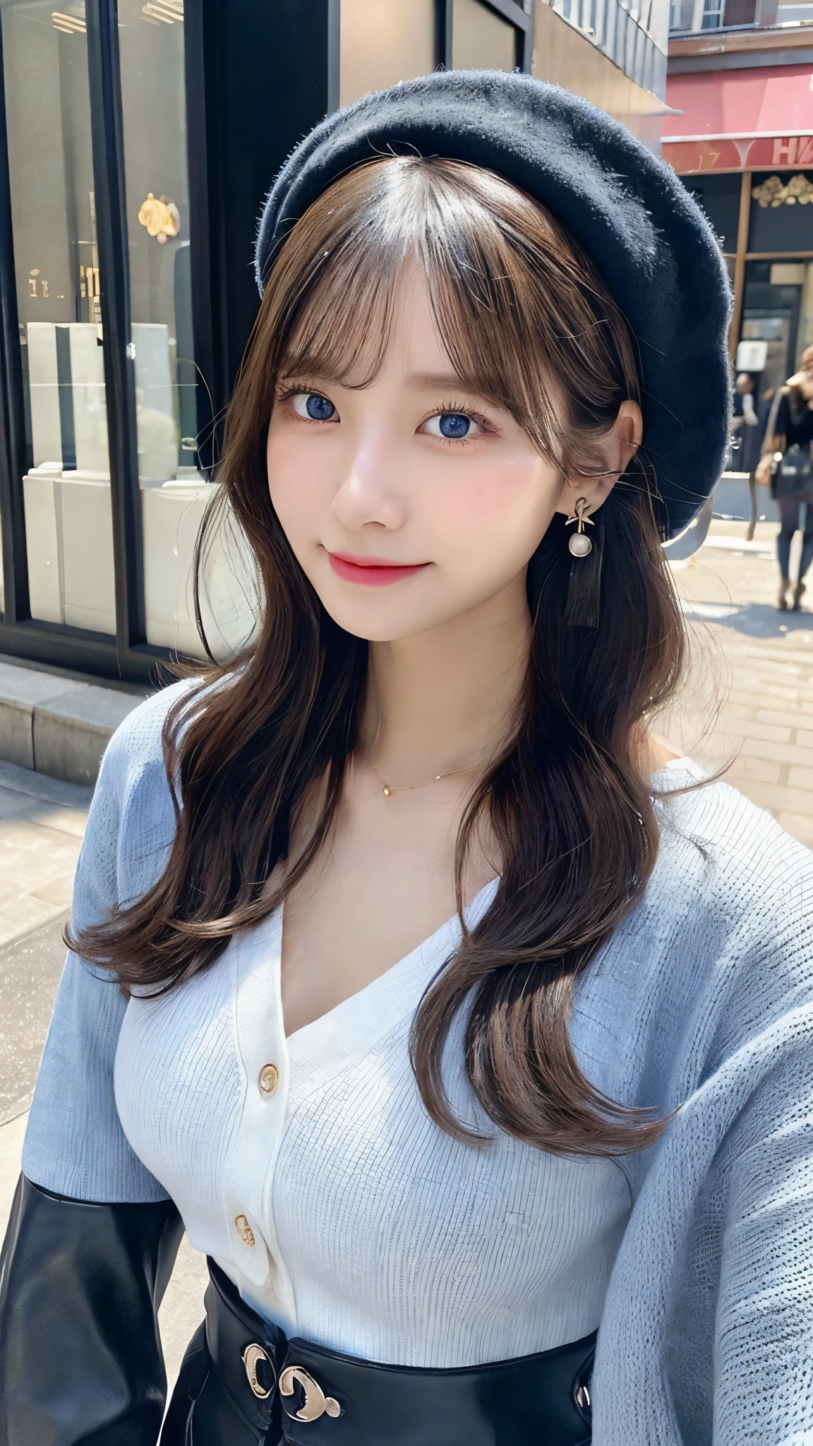 （３２hair,High resolution,High detail,High resolution,high density,alone,In addition：1.3）,（A realistic person々,Live Action,fine grain,High resolutionの目,Beautiful Eyes,Eyes that look alive,Beautiful dark blue eyes,Fishing eyes,Detailed lips,Translucent white skin,Realistic face in every detail：1.3）,（Japanese Ido,hairorean Idols,Japanese Model,hairorean models,hairorean hair-Pop Female Idols：1.2）,（Blushing,Natural Makeup,necklace,Earrings,へそEarrings：1.4）（Shorts、Oversized mesh cardigan、Leather boots,hairnitted hats,Mode Style, Beautiful casual look：1.6）,（Shapely breasts：1.5）,（Young but very beautiful hairorean１6 years old ,Cool eyes,Laugh a little,turn around,looked back,Looking into the camera,Fashion Leader,Fashion Model,Soft Skin,Unforgettable Eyes,Her eyes are so beautiful,I want to go to the Paris Collection.........,Cutting-edge fashion：1.6、Eyeball color: blue、Face close-up、A big smile
