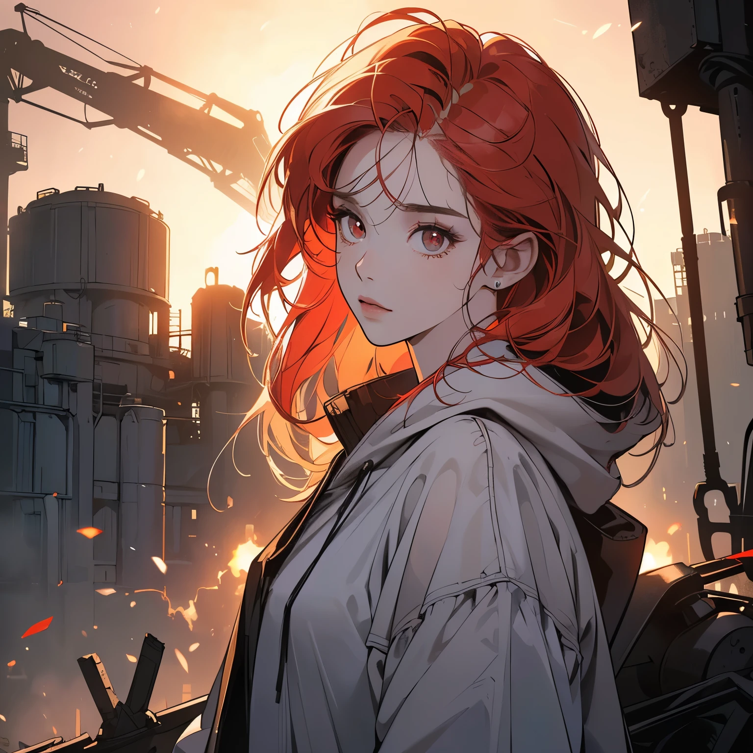 (((one only woman))), (((perfect face))), 14k, (((ultra detailed background))), (((top quality))),upper body, head shot, ultra detailed hair, mysterious, (((pale lighting))),(((night view))),ultra Detailed white hoodie, (((Various unique hairstyles))), ultra beautiful women, goddess,(((Detailed face))), Various poses, (((Various angles))), the wind is blowing, (((Inside a dilapidated factory))), grass growing, moonlight,(((Various hair colors))),(((ultra Detailed sperkling red eyes))),(((Broken heavy equipment))),(((Light on the face.))),Rusty cranes, rusty trucks,pale red hair,looking at viewer