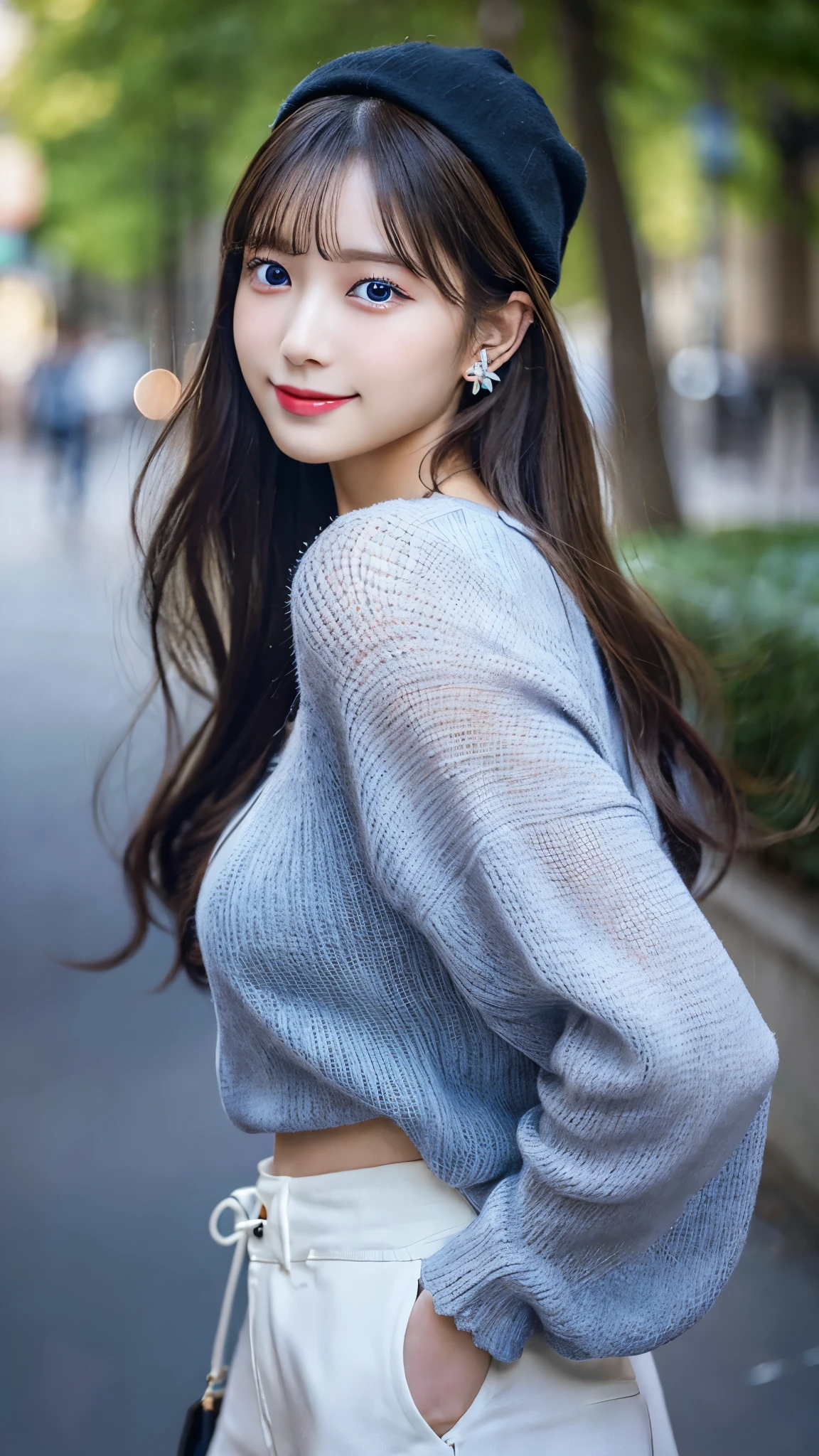（３２hair,High resolution,High detail,High resolution,high density,alone,In addition：1.3）,（A realistic person々,Live Action,fine grain,High resolutionの目,Beautiful Eyes,Eyes that look alive,Beautiful dark blue eyes,Fishing eyes,Detailed lips,Translucent white skin,Realistic face in every detail：1.3）,（Japanese Ido,hairorean Idols,Japanese Model,hairorean models,hairorean hair-Pop Female Idols：1.2）,（Blushing,Natural Makeup,necklace,Earrings,へそEarrings：1.4）（Shorts、Oversized mesh cardigan、Leather boots,hairnitted hats,Mode Style, Beautiful casual look：1.6）,（Shapely breasts：1.5）,（Young but very beautiful hairorean１6 years old ,Cool eyes,Laugh a little,turn around,looked back,Looking into the camera,Fashion Leader,Fashion Model,Soft Skin,Unforgettable Eyes,Her eyes are so beautiful,I want to go to the Paris Collection.........,Cutting-edge fashion：1.6、Eyeball color: blue、Face close-up、A big smile