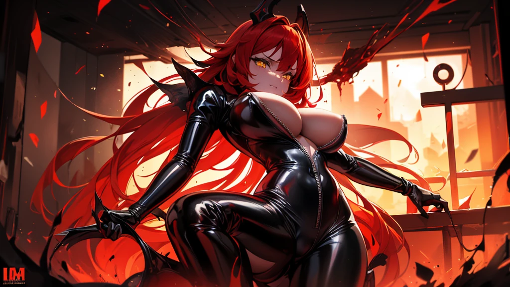 It in color and uses the flames, standing in the middle of the image masterpiece, (best quality) an woman with very long red hair, neckline, black ribbons, (profile picture), bodysuit, cold look, queen, good anatomy, correct proportions, torn clothes, queen, serious, mysterious appearance, blood, emotionless, evil, (yellow eyes), gothic, large chest, cinematics, color oil painting, solo, cinematic lighting, extremely detailed face, finely detailed face, beautiful face, beautiful eyes, perfect lighting, depth of field, realistic proportions, good anatomy, ((((Obra maestra, La mejor calidad, ultrahigh resolution)))), 1girl, standing, (sexy latex costume), facing the viewer, face shot