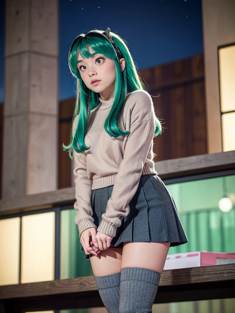 masterpiece, Highest quality, 1 Girl, Lum, happy, blush, Grey knit, Black Mini Skirt, Grey tights, boots,anime, From before, blush, Standing with hands clasped in front of the body, Embarrassed, Mature, 18-year-old, City of night, Gaze Here, High definition, Japan, Green Hair、From below、Focus on the feet