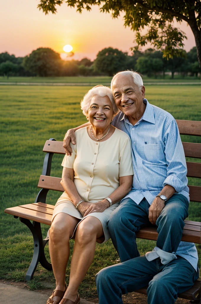 old couples sitting on the bench watching sunset and smiling