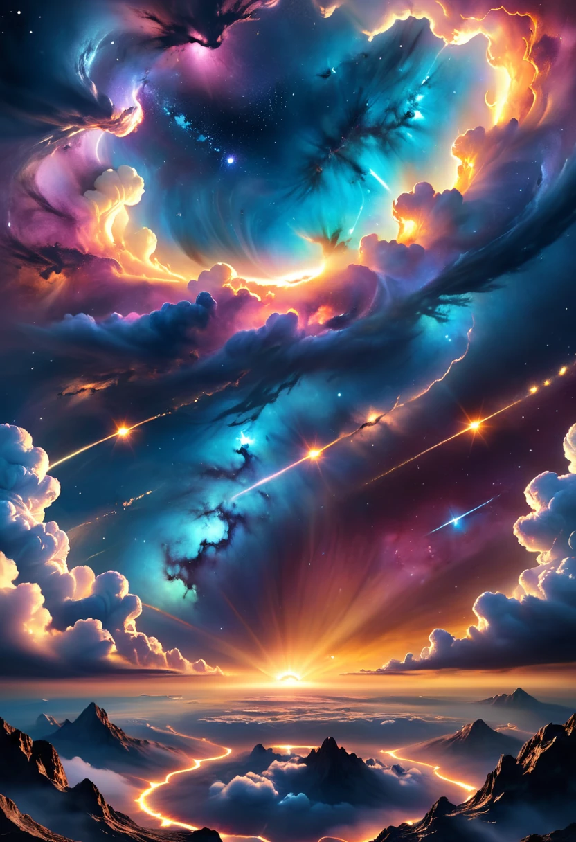 dark cloudy sky, realistic, photorealistic, ultra-detailed, highly detailed, 8k, dramatic lighting, cinematic, intricate celestial nebula clouds, glowing golden sunlight piercing through dark cloudy atmosphere, detailed cosmic dust and stars, dramatic volumetric lighting, chiaroscuro lighting, realistic galaxy textures, epic cosmic landscape, cinematic composition, award winning photography