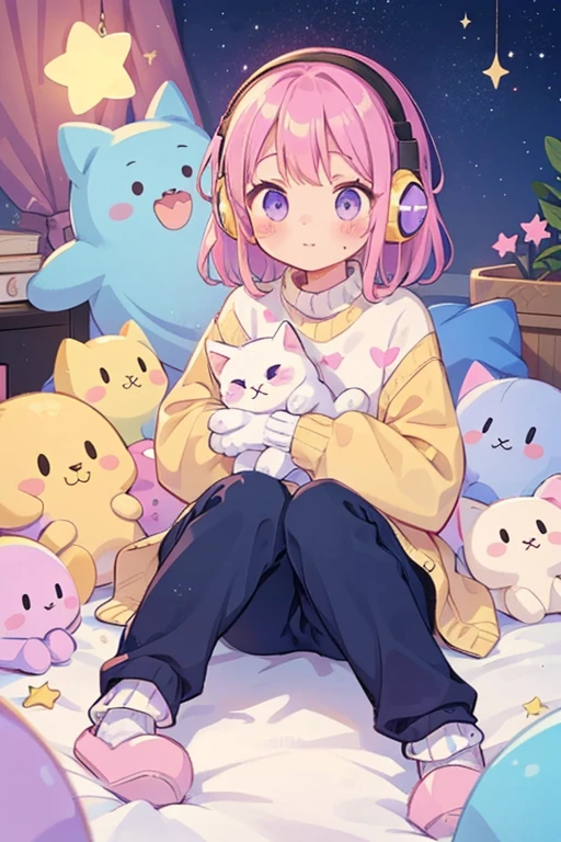 cat girl, solo, gloves, fluffy clothes, pants, sweater, sleeves, socks, slippers, pastel colors, (purple, blue, pink, yellow), cozy, dreamy, stars, stickers, bubbles, glitter, sparkles, plushies, headphones