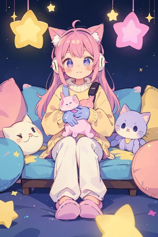 cat girl, solo, gloves, fluffy clothes, pants, sweater, sleeves, socks, slippers, pastel colors, (purple, blue, pink, yellow), cozy, dreamy, stars, stickers, bubbles, glitter, sparkles, plushies, headphones