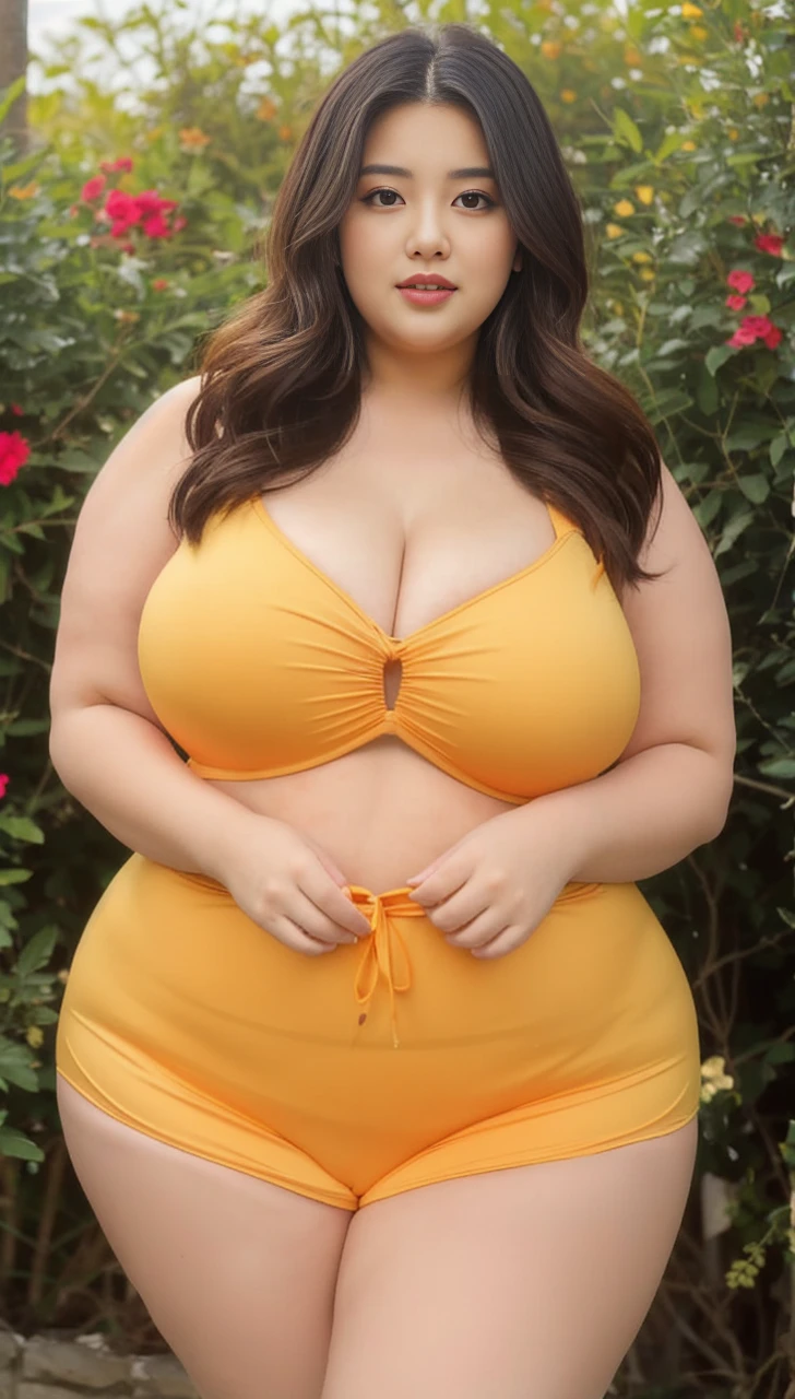 ((best quality)), ((masterpiece)), (detailed), perfect face, araffeTight skirtsShort , thicc, wavy short hair, she has a jiggly fat round belly, bbwchan, wearing tight simple clothes, skinny waist and thick hips, widest hips, her belly is fat and round, soft curvy shape, hyperrealistic full figure, wearing a cute top, wide hips, Blue swimsuit,On the beach by the seaBlue