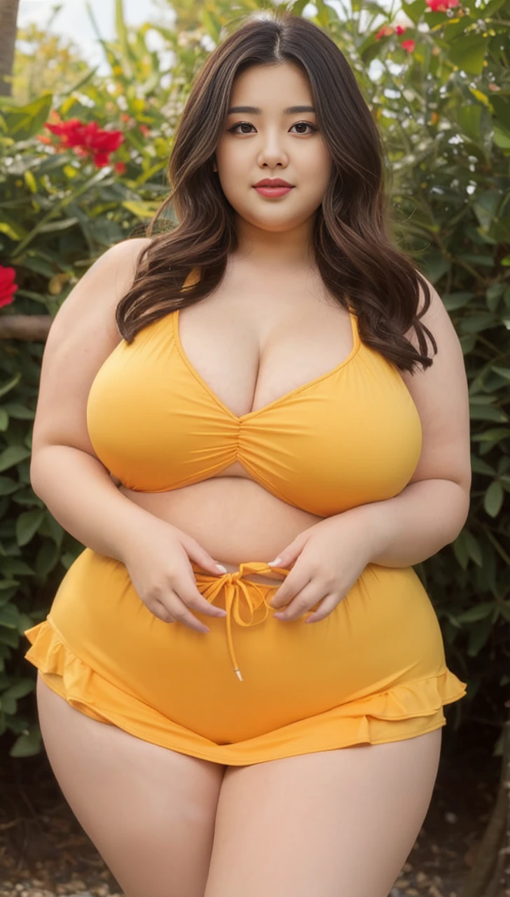 ((best quality)), ((masterpiece)), (detailed), perfect face, araffeTight skirtsShort , thicc, wavy short hair, she has a jiggly fat round belly, bbwchan, wearing tight simple clothes, skinny waist and thick hips, widest hips, her belly is fat and round, soft curvy shape, hyperrealistic full figure, wearing a cute top, wide hips, Blue swimsuit,On the beach by the seaBlue