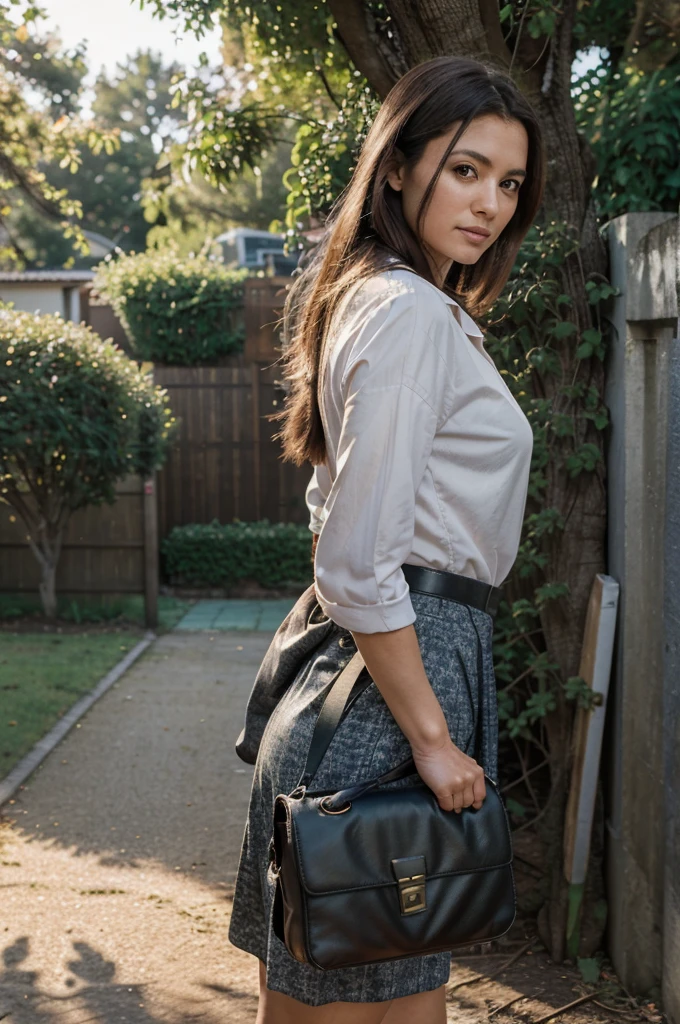 Masterpiece, Top Quality, Super Detail, 1 girl in his 40s, female Focus, Handsome, Residential Area, Fence, Spindle Tree, Afternoon Sun, After School, Suit, Hand-held Bag, Flock of Birds, Right From the Side, Depth of Field