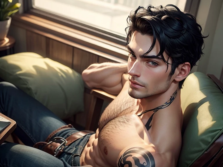 Close-up Quality (masterpiece1.2), (Best quality), (Intricate details)Male, 6'5, white, built, has big veiny hands. Tattoos that cover his neck, chest, arms, and back. has well-trimmed facial hair, tan from the sun, groomed body hair on his arms, and chest leading to a happy trail, Black hair that is short at the sides, longer at the top, Well-kept, Handsome, thin lips, sharp, defined, square jaw. Dimples, slightly crooked nose. Green eyes with hints of gold in the center. long eyelashes. Wearing blue jeans, black on up, dog tags, black leather riding boots