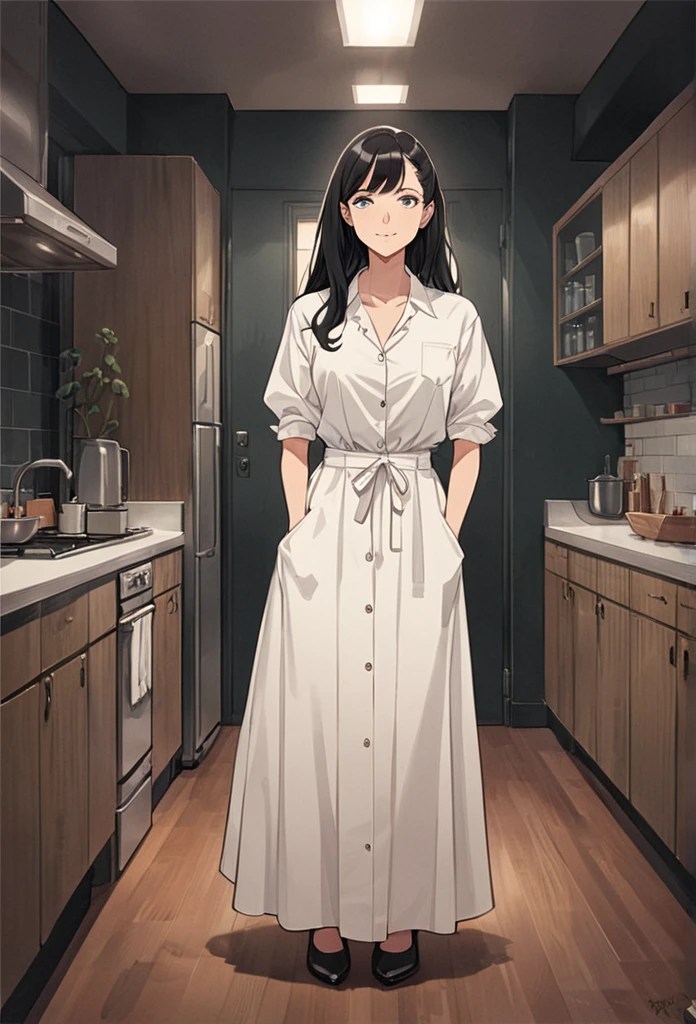 detailed illustration (side view),dynamic angle,ultra-detailed, illustration, pose for the camera, smiling at viewer, clean line art, shading, anime, 2020’s anime style, detailed eyes, detailed face, beautiful face,
Anime, 2d anime, cartoon anime, detailed illustration, dynamic angle, ultra-detailed, illustration, full body shot, 1girl, night time, 1950’s stay at home wife, button up blouse and long skirt, anime half closed eyes. A knowing smile, standing in kitchen, domestic goddess, long black hair, hair down, white American woman, well endowed, wholesome yet , motherly, nurturing, , button up blouse, long skirt