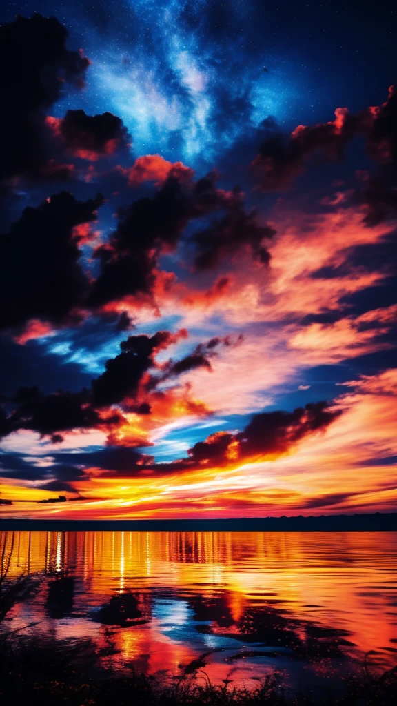 An absolutely mesmerizing sunset on the beach with a mix of orange, red, pink and yellow in the sky. The water is crystal clear, gently kissing the shore, and the sandy beach is endless. The scene is dynamic and breathtaking, with seagulls soaring high in the air and palm trees gently swaying. Immerse yourself in the calm atmosphere and let the tranquil surroundings surround you.spotlight, dark theme, starry,strry light,night,colorful,cloud,star \(sky\),