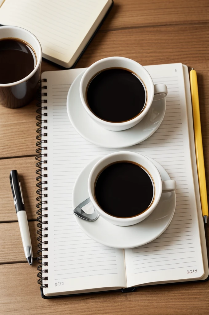 Create a cartoon-style drawing of a cup of coffee with a notebook next to it
