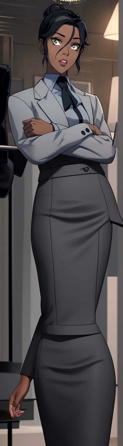 Black skinned business women in a grey skirt suit