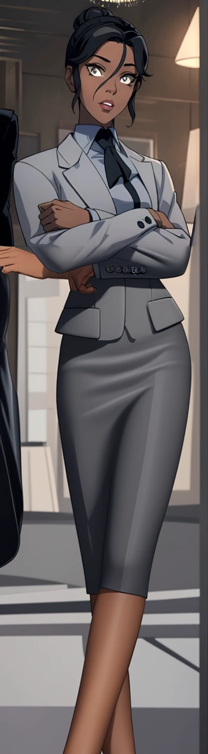 Black skinned business women in a grey skirt suit 