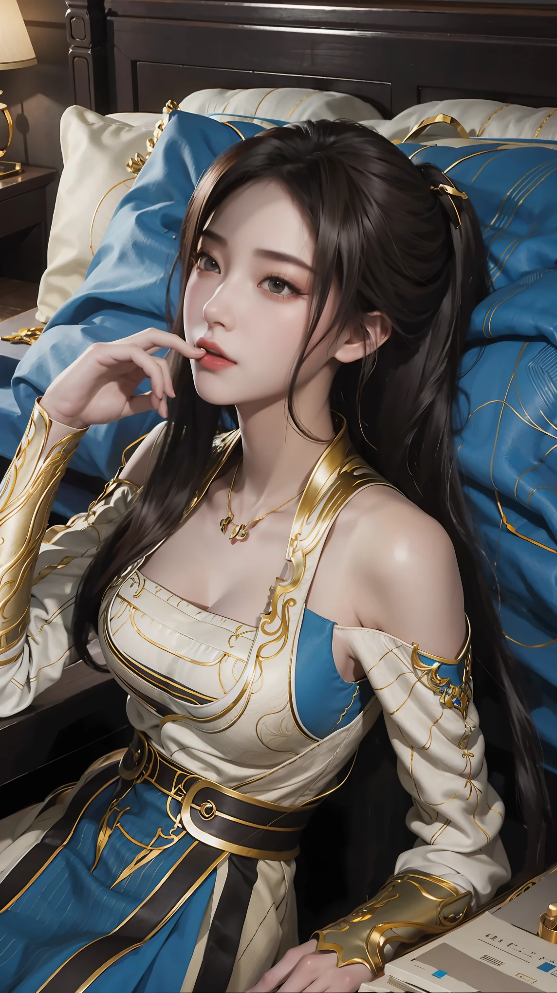 一个女孩Lying in bed，Face up，Raise your legs slightly，Front view super detailed beautiful big breasted girl 16 years old. Ultra HD, 4K, 8K, Movie，（（whole body）），Lying down，Long legs，Very ，whole body捕捉，（（（Lying in bed））），（（（whole bodyLying in bed））），Blue bed，Off-shoulder，Shoulder to shoulder，Lying in bed，Sleeping on the pillow，Lying down，Headrest pillows，