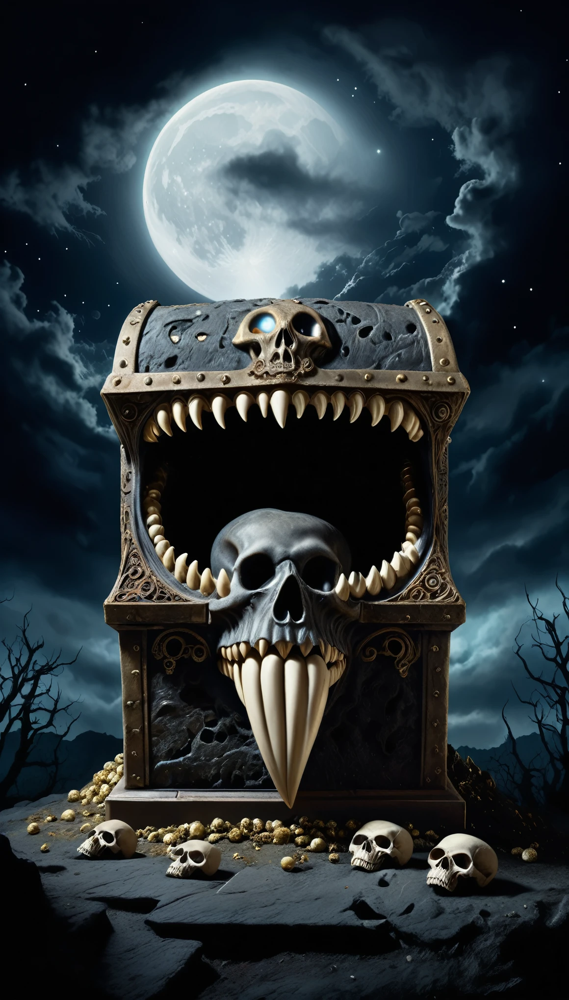  horror, surreal image  of (mimic),shaped like treasure box,(sharp teeth, long tongue:1.5), in stone ruin with skulls at night, night sky, eerie, moody  moon lighting,  ominous clouds swirling unnaturally, eldritch, cosmic horror, unknown, mysterious, surreal harmony, highly detailed