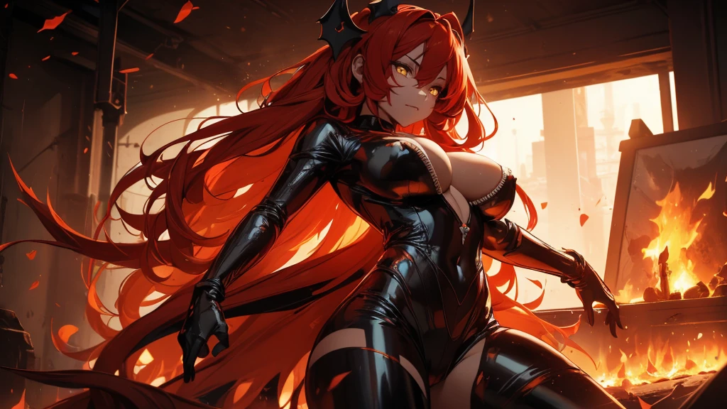 It in color and uses the flames, (best quality), wideshot, an woman with very long red hair, neckline, black ribbons, , bodysuit, cold look, queen, good anatomy, correct proportions, torn clothes, queen, serious, mysterious appearance, blood, emotionless, evil, (yellow eyes), gothic, large chest, cinematics, color oil painting, solo, cinematic lighting, extremely detailed face, finely detailed face, beautiful face, beautiful eyes, perfect lighting, depth of field, realistic proportions, good anatomy, ((((Obra maestra, La mejor calidad, ultrahigh resolution)))), 1girl, standing, (sexy latex costume), facing the viewer, face shot