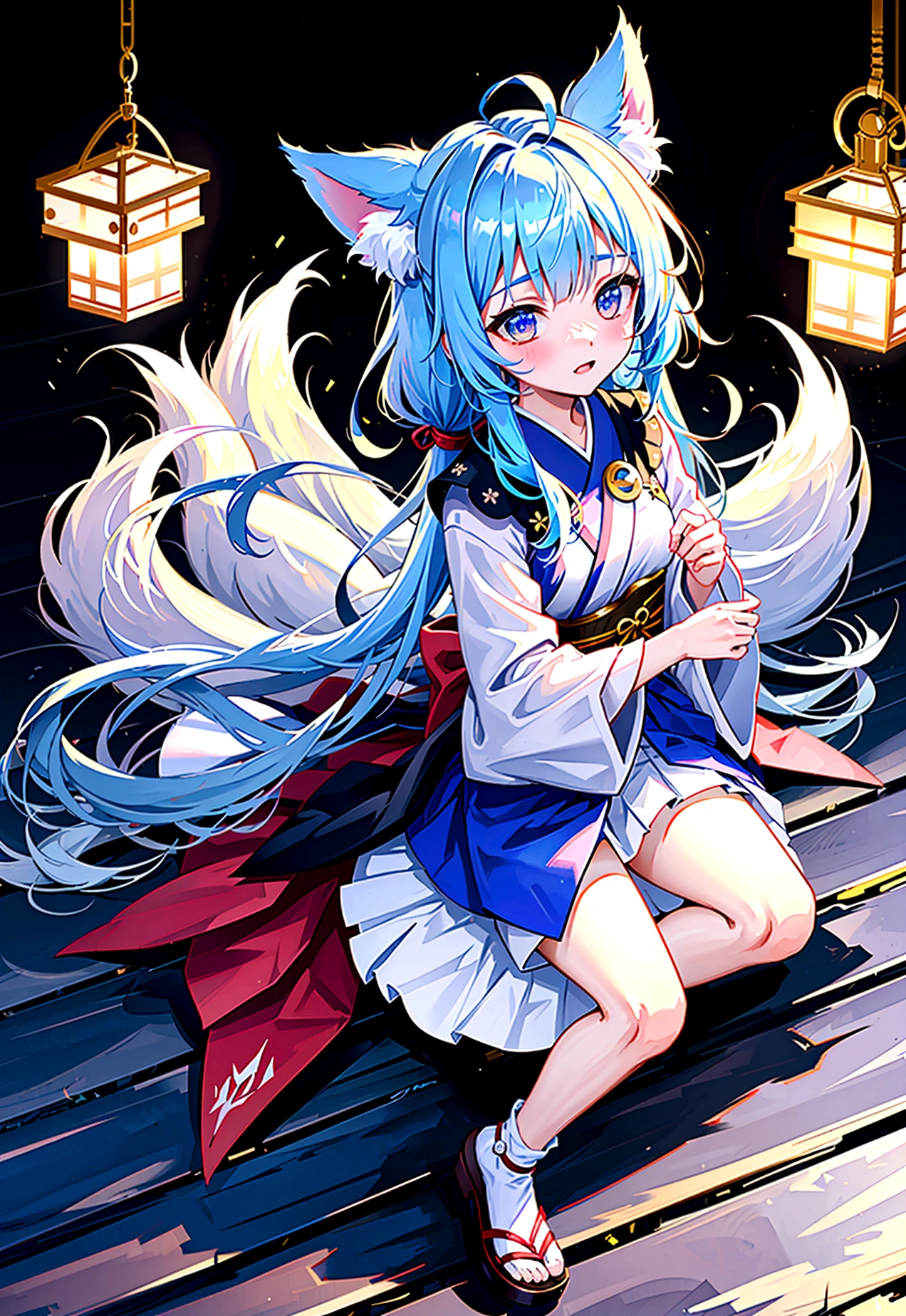 fox Light blue hair 　beast girl　indigo fur　fox beast girl　fox Light blue hair 　beast girl　indigo fur　fox beast girl　Wallpaper 4k,8k,highly detailled,,vivid colors,detailed kitsune with 9 tails,traditional Japanese artwork,tatami floor,beautiful cherry blossoms,floating lanterns,dark silhouette of a pagoda,subtle moonlight,dense forest,ethereal atmosphere,dappled sunlight,whimsical spirit,serene expression,elaborate kimono and obi,delicate hand-painted details,luminous eyes　Anime Style　fox　blue　White-faced golden-haired nine-tailed fox　Coat blue　　　mysterious background　Blue Flame　girl　have a ball of light Anime Style　fox　blue　White-faced golden-haired nine-tailed fox　Coat blue　　　mysterious background　Blue Flame　girl　have a ball of light