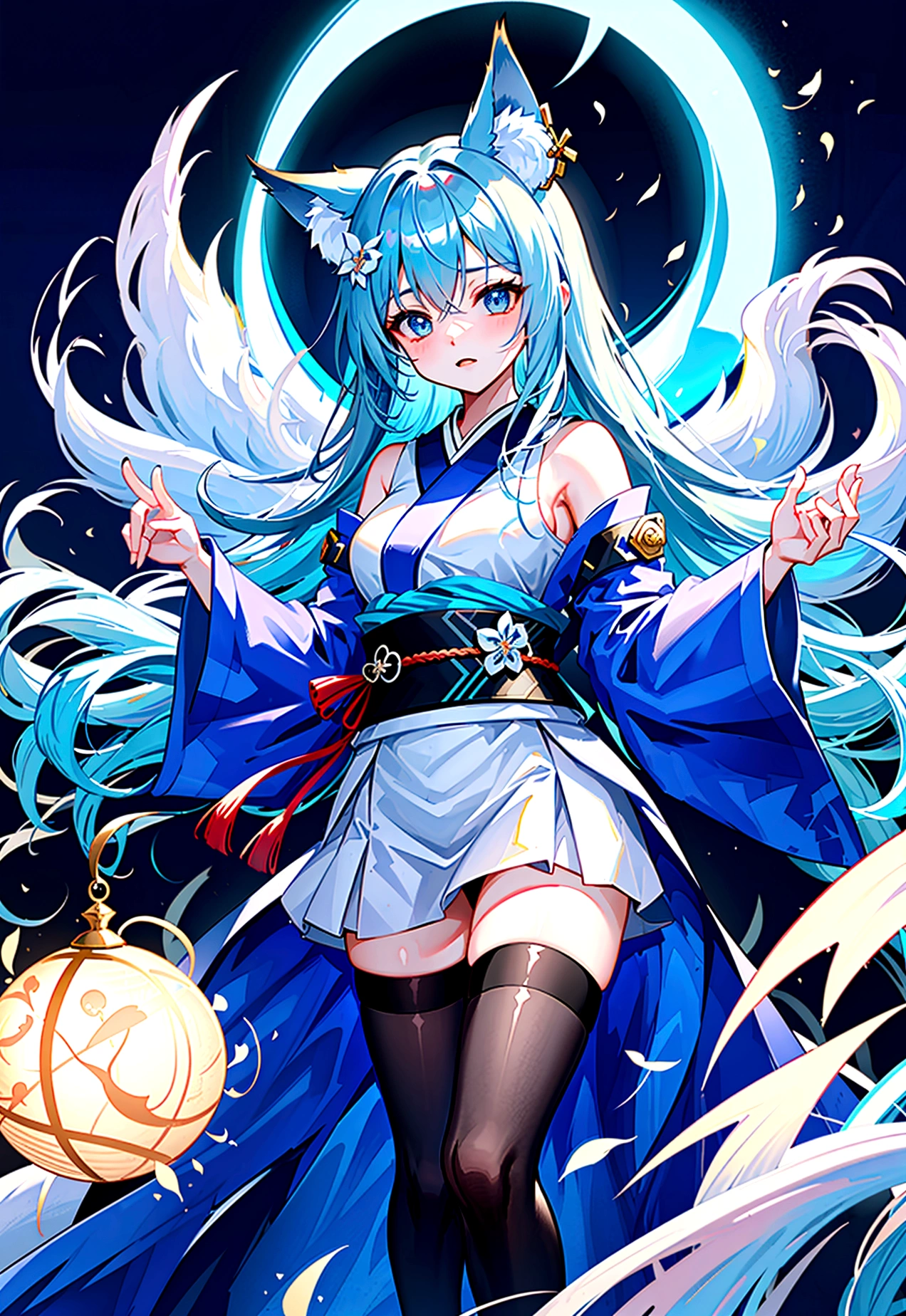 fox Light blue hair 　beast girl　indigo fur　fox beast girl　fox Light blue hair 　beast girl　indigo fur　fox beast girl　Wallpaper 4k,8k,highly detailled,,vivid colors,detailed kitsune with 9 tails,traditional Japanese artwork,tatami floor,beautiful cherry blossoms,floating lanterns,dark silhouette of a pagoda,subtle moonlight,dense forest,ethereal atmosphere,dappled sunlight,whimsical spirit,serene expression,elaborate kimono and obi,delicate hand-painted details,luminous eyes　Anime Style　fox　blue　White-faced golden-haired nine-tailed fox　Coat blue　　　mysterious background　Blue Flame　girl　have a ball of light Anime Style　fox　blue　White-faced golden-haired nine-tailed fox　Coat blue　　　mysterious background　Blue Flame　girl　have a ball of light