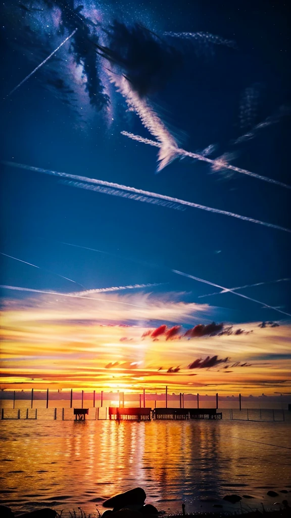 An absolutely mesmerizing sunset on the beach with a mix of orange, red, pink and yellow in the sky. The water is crystal clear, gently kissing the shore, and the sandy beach is endless. The scene is dynamic and breathtaking, with seagulls soaring high in the air and palm trees gently swaying. Immerse yourself in the calm atmosphere and let the tranquil surroundings surround you.spotlight, dark theme, starry,strry light,night,colorful,cloud,star \(sky\),