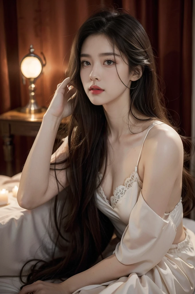 (((best quality))), (((ultra detailed))), (((masterpiece))), illustration,a beautiful girl,solo,slim,thin,messy hair,shoulder length straight bob hair,Dark Circles,Eyes bloodshot,sad expression,sitting on the bed,in a bedroom,halter lace nightgown, deep in thought, dimly lit room, soft glow of a digital clock, dark curtains, seclusion and introspection, disheveled hair, shadowed eyes, sleeplessness, delicate features, fragile beauty, pale skin, rouge on cheeks, heavy atmosphere, silence, soft hum of a refrigerator, woman's expression of deep contemplation, searching eyes, capturing the essence of struggle, vulnerability,dark night scene,from back, back,towering ,