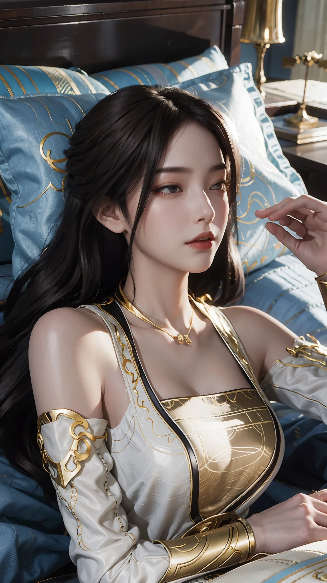 一个女孩Lying in bed,Face up,Raise your legs slightly,Front view super detailed beautiful big breasted girl . Ultra HD, 4K, 8K, Movie,((whole body)),Lying down,Long legs,Very big breasts,whole body捕捉,(((Lying in bed))),(((whole bodyLying in bed))),Blue bed,Off-shoulder,Shoulder to shoulder,Lying in bed,Sleeping on the pillow,Lying down,Headrest pillows,