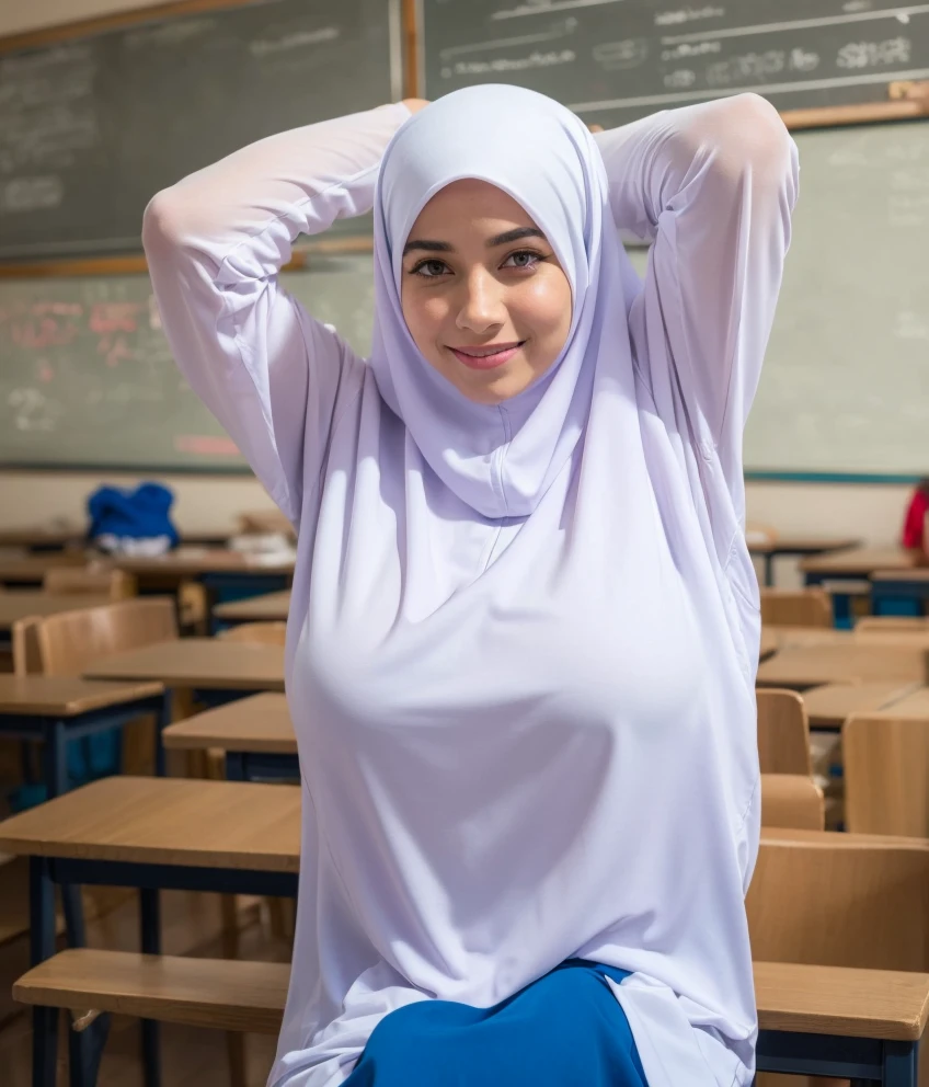 1girl, white dress, wearing hijab, blue skirt, long sleeve,, classroom background, beautiful, pretty, blushing, flawless, best quality, masterpiece, ultra high res, (photorealistic:1.4), raw photo, (large ,full body:1.2), ((closed clothes)), ((both arms behind the head)), ((wearing short hijab))