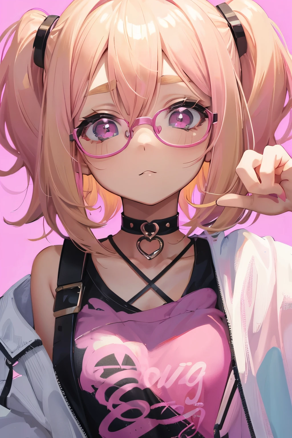 young girl, chibi face, short blonde hair with light pink ombre, pink eyes, big eyebrows, cute expression, glasses, choker, kawaii fashion, dynamic pose, high quality, masterpiece, 8k