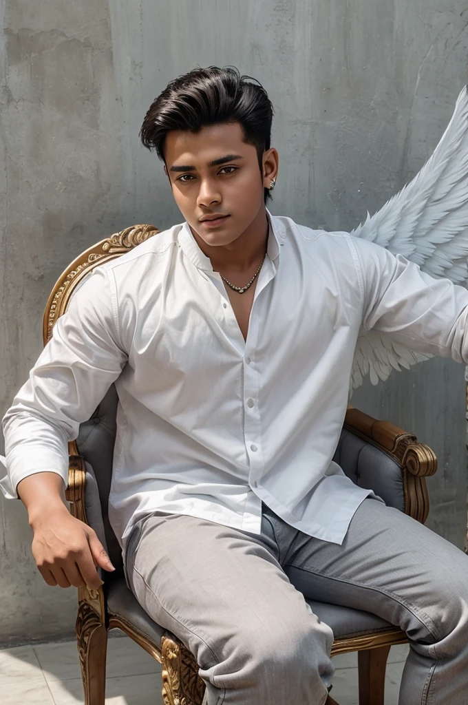 Create image a 18 year old boy is sitting on a king chair with white wings and behind him the color of the wall is gray on which "D BOSS LOVER CHETU" is written in curve style