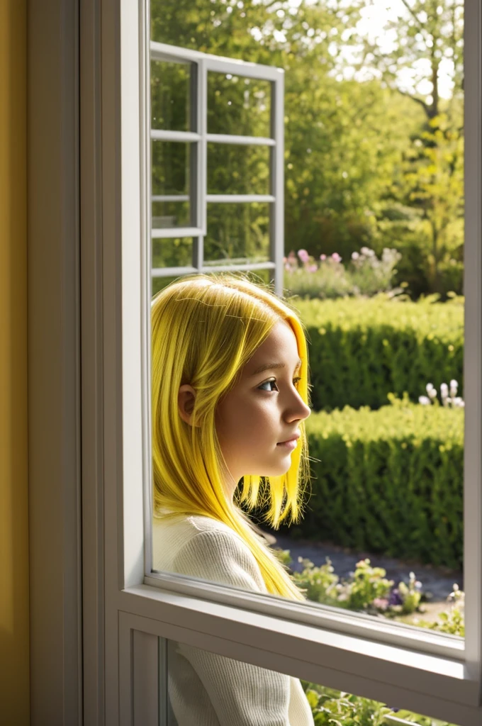 Yellow haired girl looking out the window at a garden