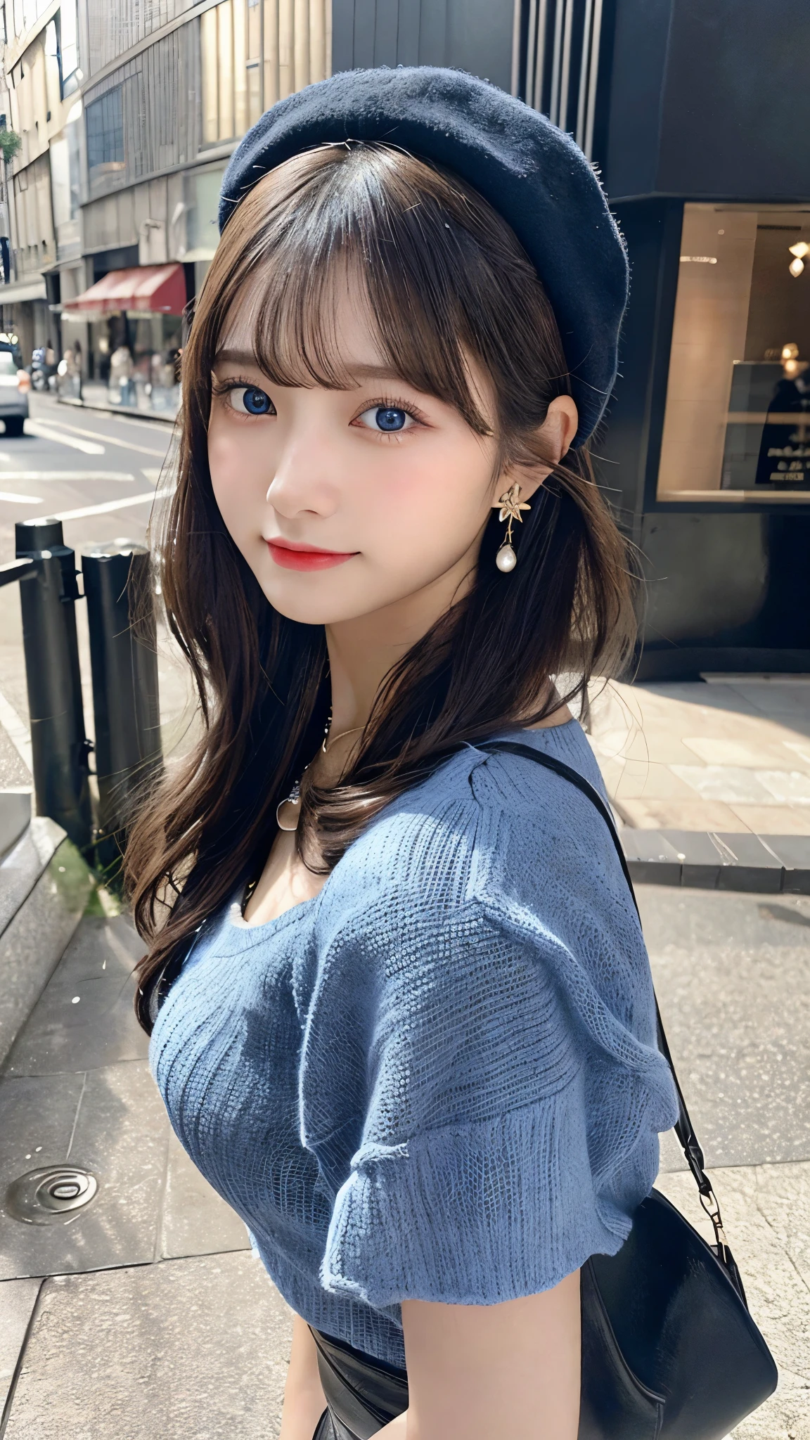 （３２hair,High resolution,High detail,High resolution,high density,alone,In addition：1.3）,（A realistic person々,Live Action,fine grain,High resolutionの目,Beautiful Eyes,Eyes that look alive,Beautiful dark blue eyes,Fishing eyes,Detailed lips,Translucent white skin,Realistic face in every detail：1.3）,（Japanese Ido,hairorean Idols,Japanese Model,hairorean models,hairorean hair-Pop Female Idols：1.2）,（Blushing,Natural Makeup,necklace,Earrings,へそEarrings：1.4）（Shorts、Oversized mesh cardigan、Leather boots,hairnitted hats,Mode Style, Beautiful casual look：1.6）,（Shapely breasts：1.5）,（Young but very beautiful hairorean１6 years old ,Cool eyes,Laugh a little,turn around,looked back,Looking into the camera,Fashion Leader,Fashion Model,Soft Skin,Unforgettable Eyes,Her eyes are so beautiful,I want to go to the Paris Collection.........,Cutting-edge fashion：1.6、Left eye is red、Right eye blue、Face close-up