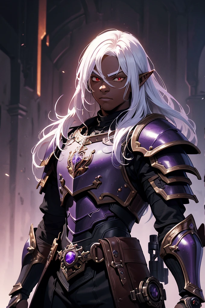 masterpiece, best quality, ultra high res, dark theme, 1boy, (dark dungeonpunk armor), (mechanical steampunk armor), (wearing armor)fantasy illustration, dark skinned, human, upper body, portrait, red eyes, long white hair, half-drow, pointy ears, serious face, young man, dramatic lighting, purple hue, art by Kinema Citrus