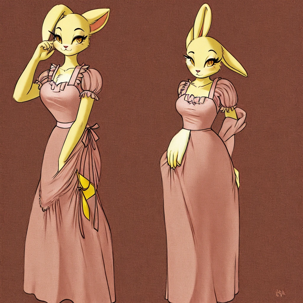 Anthropomorphic, rabbit, female, pink fur, late 40s, white shirt, puffy sleeves, vintage yellow pinafore, yellow sclera, no irises, long eyelashes, lanky arms, big hips, big chest, oval-shaped head, no nose, The Amazing Digital Circus.