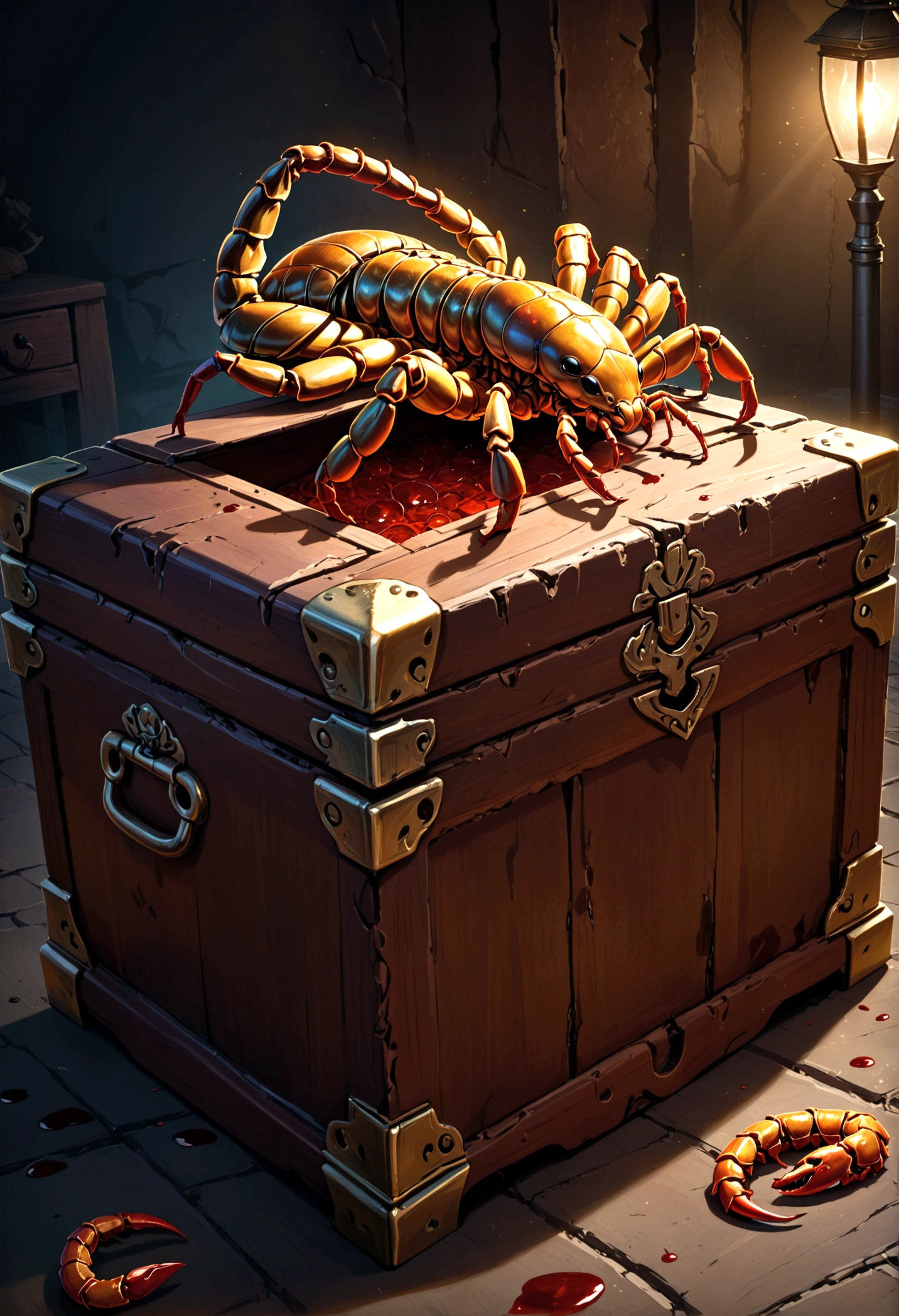A highly detailed and realistic scorpion mimic treasure chest, covered in blood, returning to its favorite resting spot, intricate details, hyper-realistic, 8k, photorealistic, chiaroscuro lighting, dark moody colors, dramatic shadows, horror, fantasy, digital art