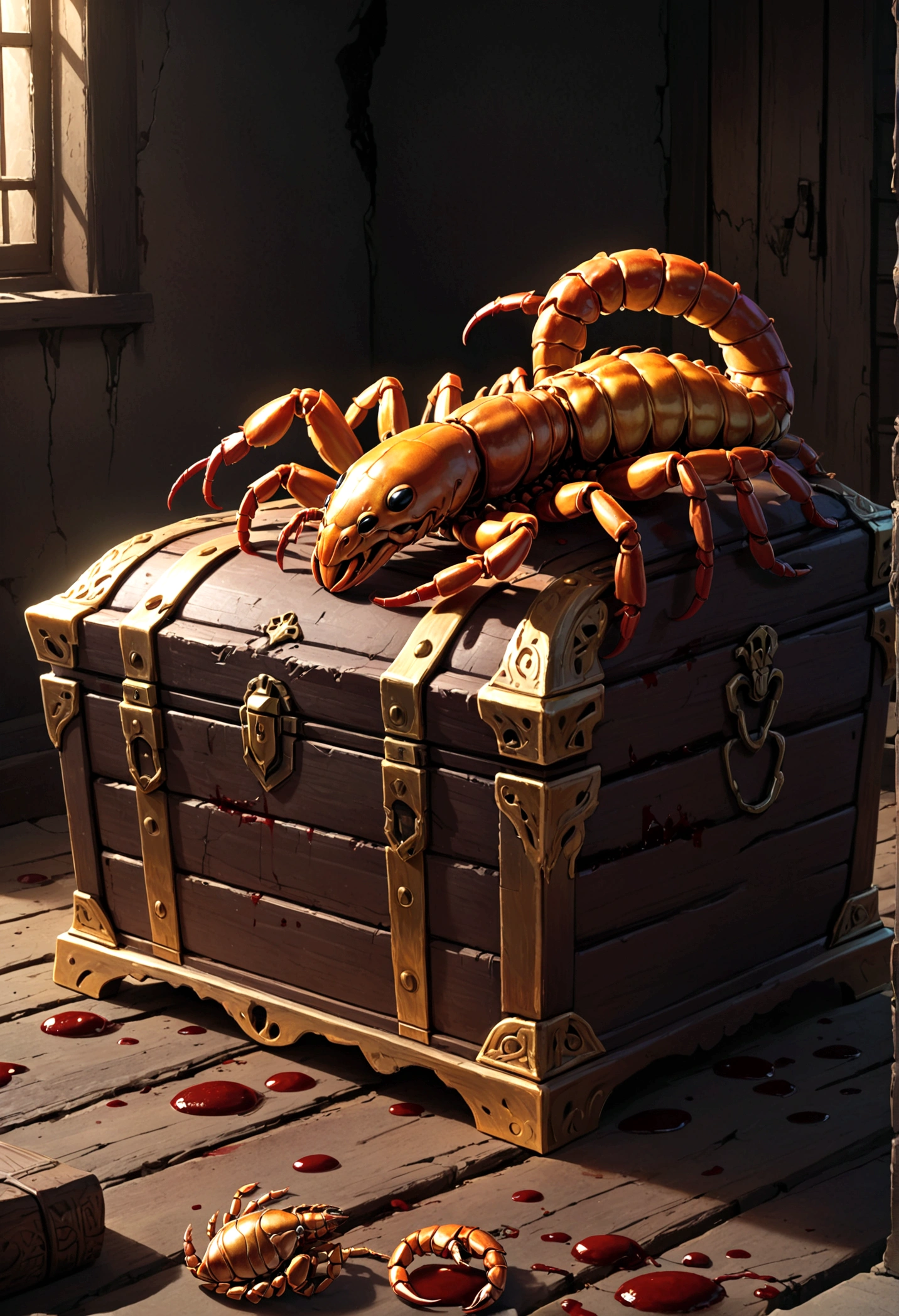 A highly detailed and realistic scorpion mimic treasure chest, covered in blood, returning to its favorite resting spot, intricate details, hyper-realistic, 8k, photorealistic, chiaroscuro lighting, dark moody colors, dramatic shadows, horror, fantasy, digital art