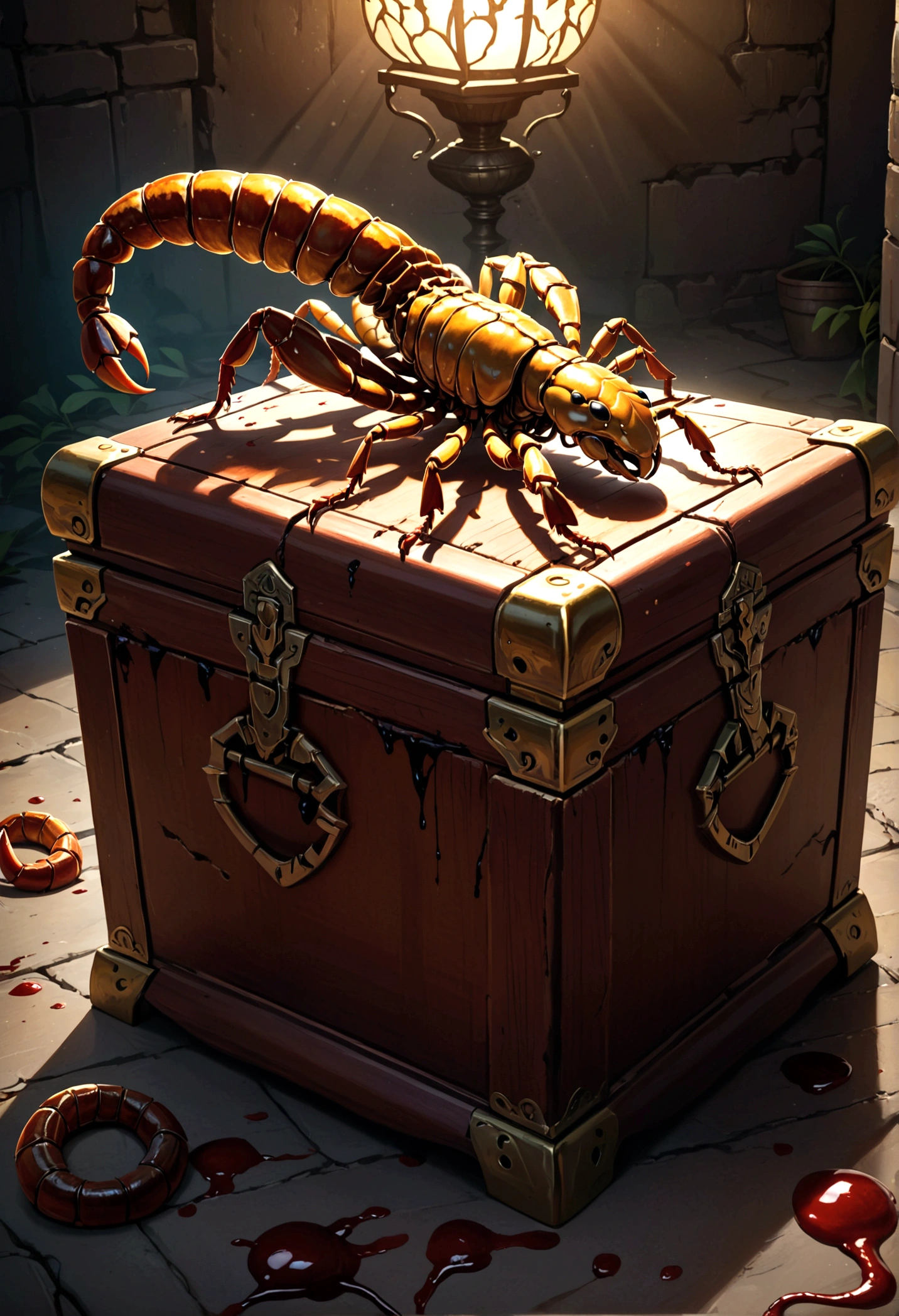 A highly detailed and realistic scorpion mimic treasure chest, covered in blood, returning to its favorite resting spot, intricate details, hyper-realistic, 8k, photorealistic, chiaroscuro lighting, dark moody colors, dramatic shadows, horror, fantasy, digital art