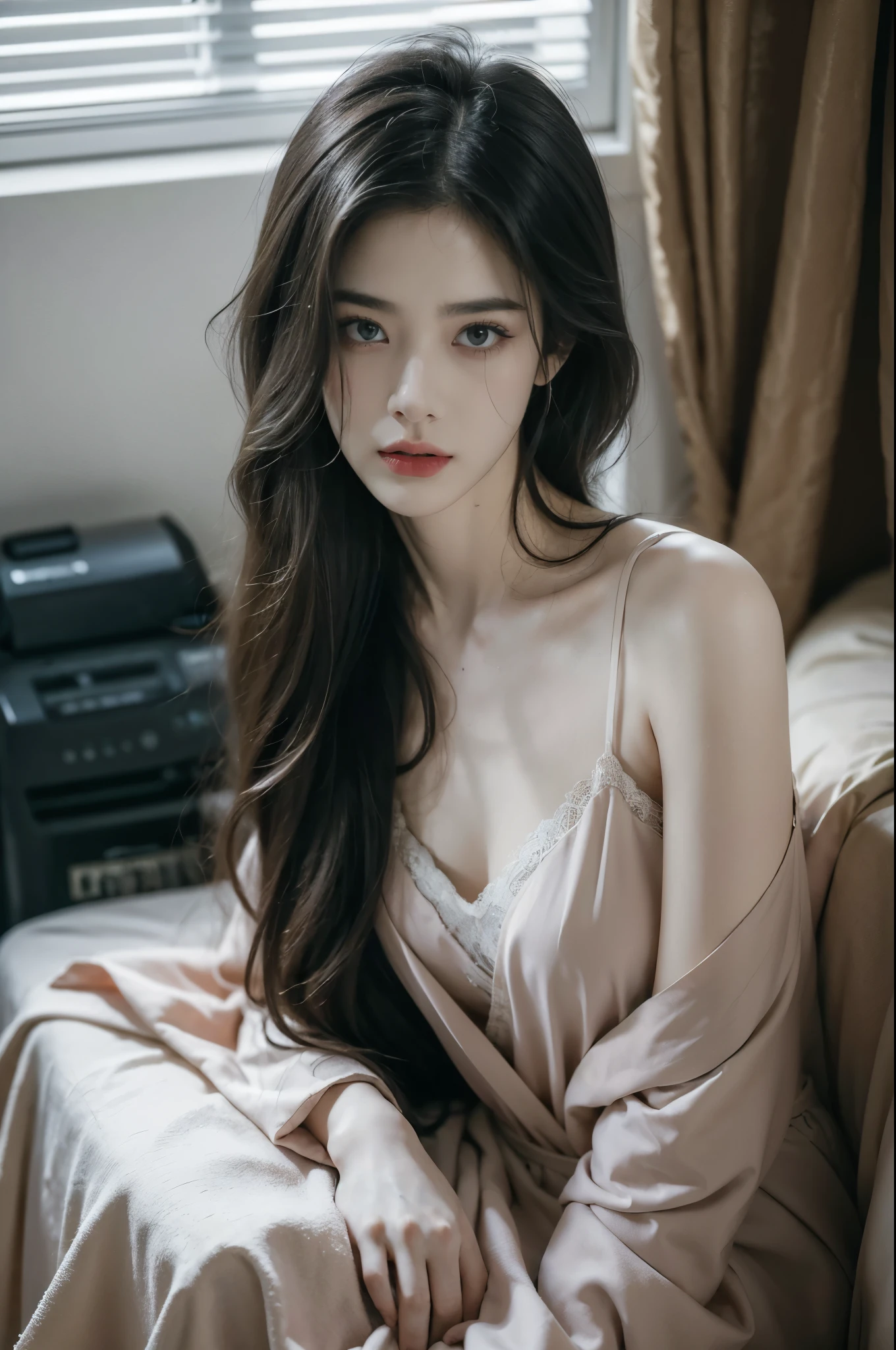 (((best quality))), (((ultra detailed))), (((masterpiece))), illustration,a beautiful girl,solo,slim,thin,messy hair,shoulder length straight bob hair,Dark Circles,Eyes bloodshot,(sad expression:1.3),flat chest,sitting on the bed,in a bedroom,halter lace nightgown, deep in thought, dimly lit room, soft glow of a digital clock, dark curtains, seclusion and introspection, disheveled hair, shadowed eyes, sleeplessness, delicate features, fragile beauty, pale skin, rouge on cheeks, heavy atmosphere, silence, soft hum of a refrigerator, woman's expression of deep contemplation, searching eyes, capturing the essence of struggle, vulnerability,(dark night scene:1.3),