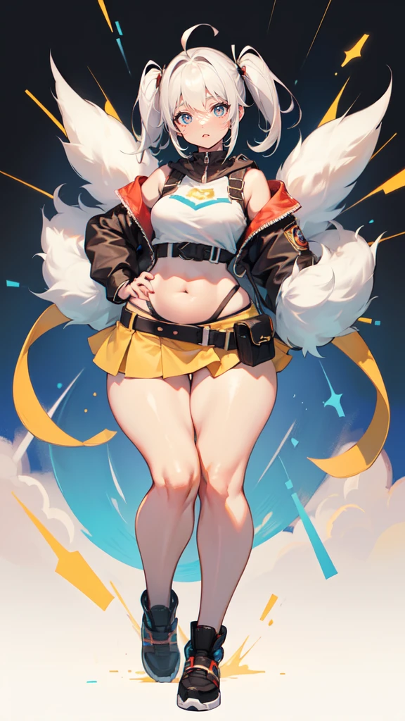 blank background, (((full body))), (masterpiece), ((best quality)), (very short girl), flat chest, short twintail, (wide hips:1.4), (thick thighs:1.4), (very short skirt), toeless footwear, belt below navel, fanny packs, bags