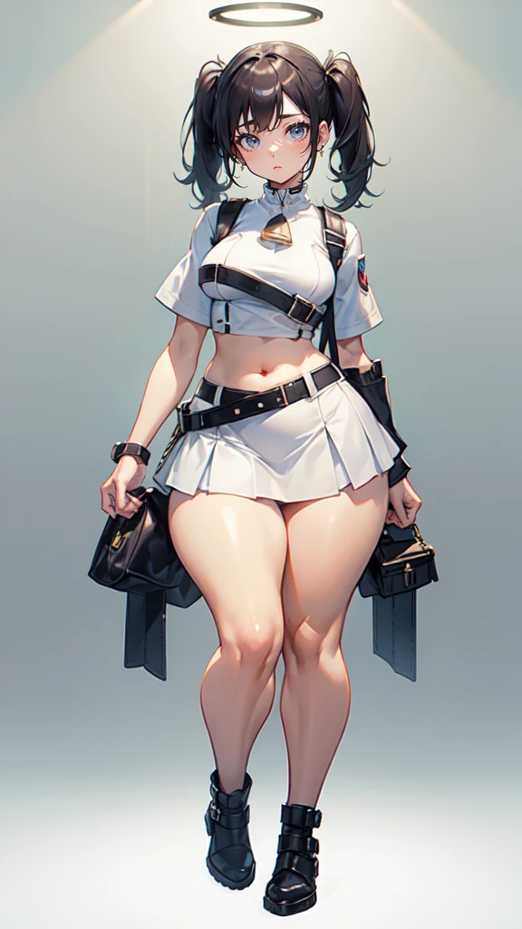 blank background, (((full body))), (masterpiece), ((best quality)), (very short girl), flat chest, short twintail, (wide hips:1.4), (thick thighs:1.4), (very short skirt), toeless footwear, belt below navel, fanny packs, bags